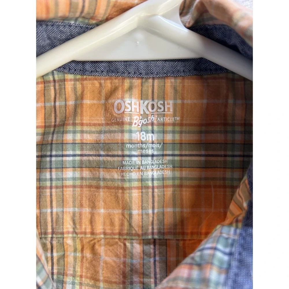 OshKosh B'gosh Boys 18M Orange Plaid Long Sleeve Cotton Button Bodysuit